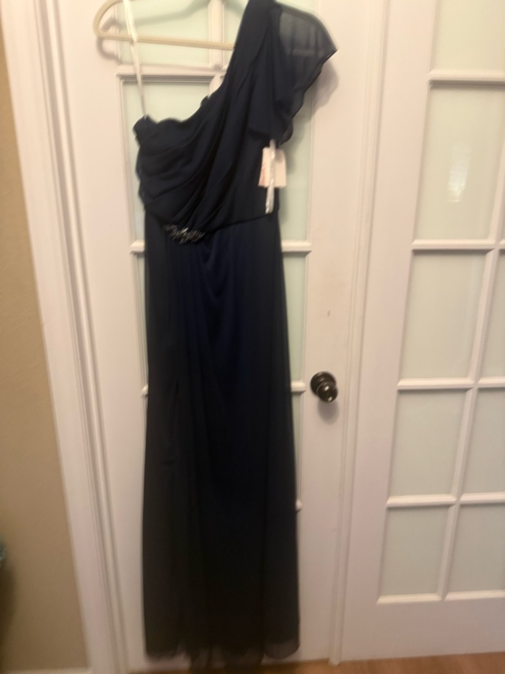 David's Bridal Navy One-Shoulder Evening Gown